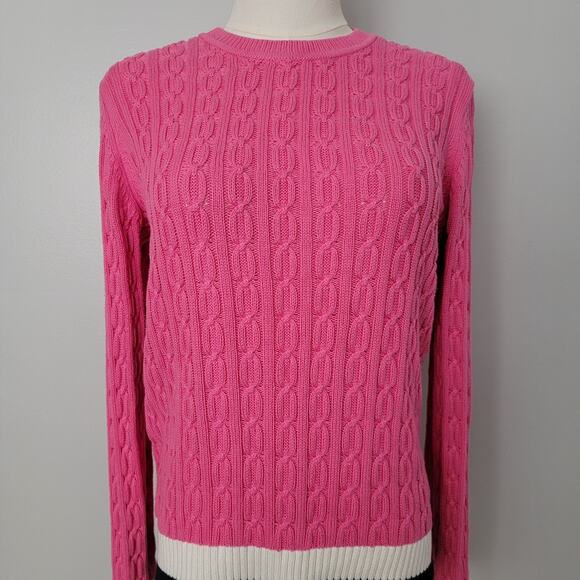 Tommy Hilfiger Cable Knit Pink Sweater Preppy Fitted Sz M 100% Cotton Fisherman - Picture 2 of 6